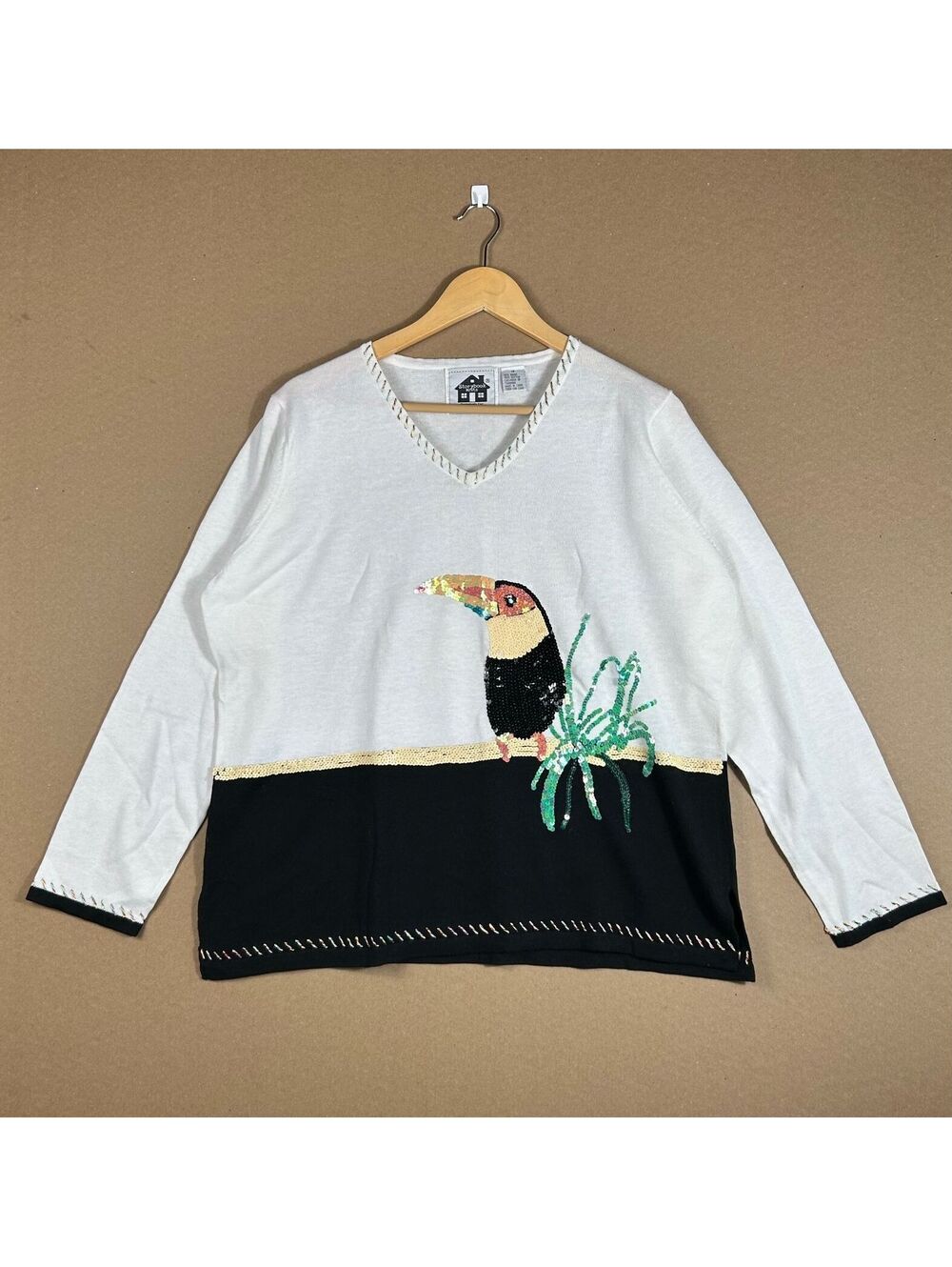 Vintage Storybook Knits Y2K Sequin Toucan Sweater Top Size 1X Grandmacore